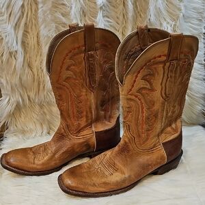 Lucchese Tan and Brown Leather Mens 12D Western Cowboy Boots